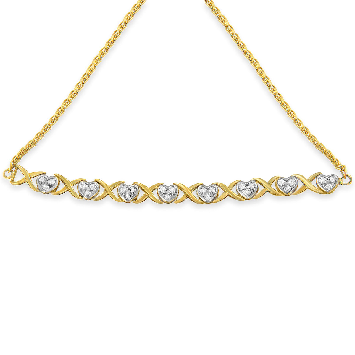 Pulsera tipo bolo ajustable de 6"-9" de oro amarillo de 10K sobre plata de ley .925 con diamante de 1/10 Cttw en forma de corazón y eslabones en X (color H-I, claridad I2-I3)