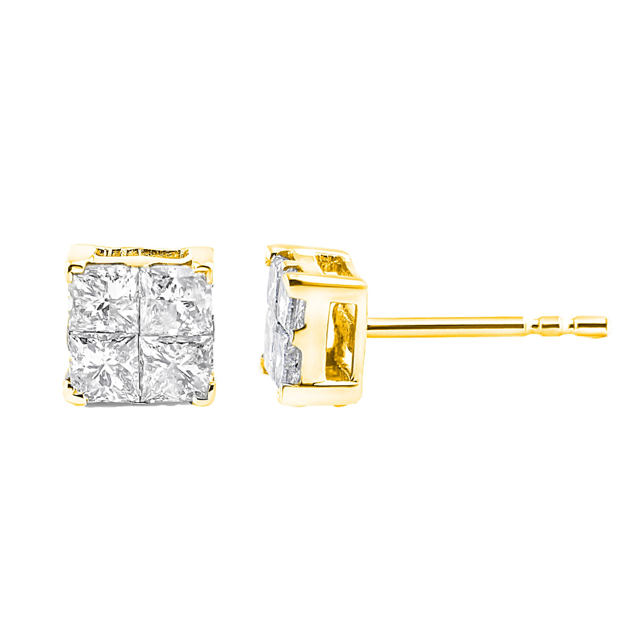 Pendientes de oro amarillo de 10K bañados en plata de ley .925 con diamantes talla princesa de 1,0 quilates de peso total, engaste múltiple (color J-K, claridad SI2-I1)