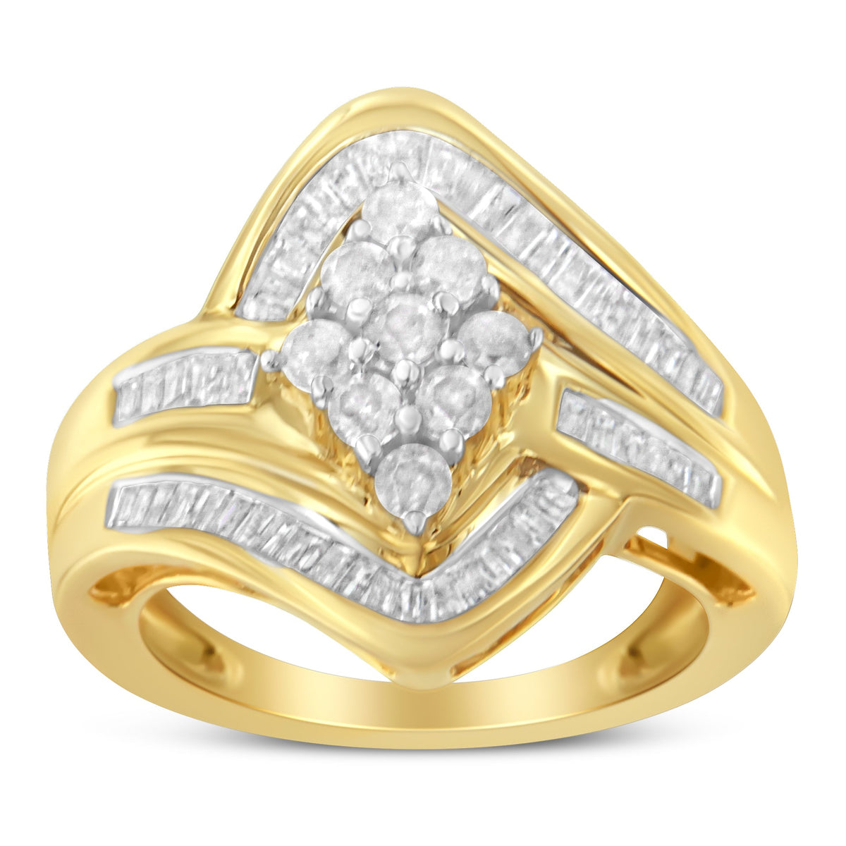 Anillo en forma de racimo cruzado de diamantes de oro amarillo de 10 qt sobre plata de ley .925 (1 quilate, color I-J, claridad I2-I3) - Talla 6
