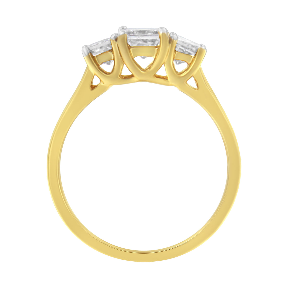Anillo de oro amarillo de 10 qt con diamantes de talla princesa de tres piedras (1 quilate total, color J-K, claridad I1-I2) - Talla 6