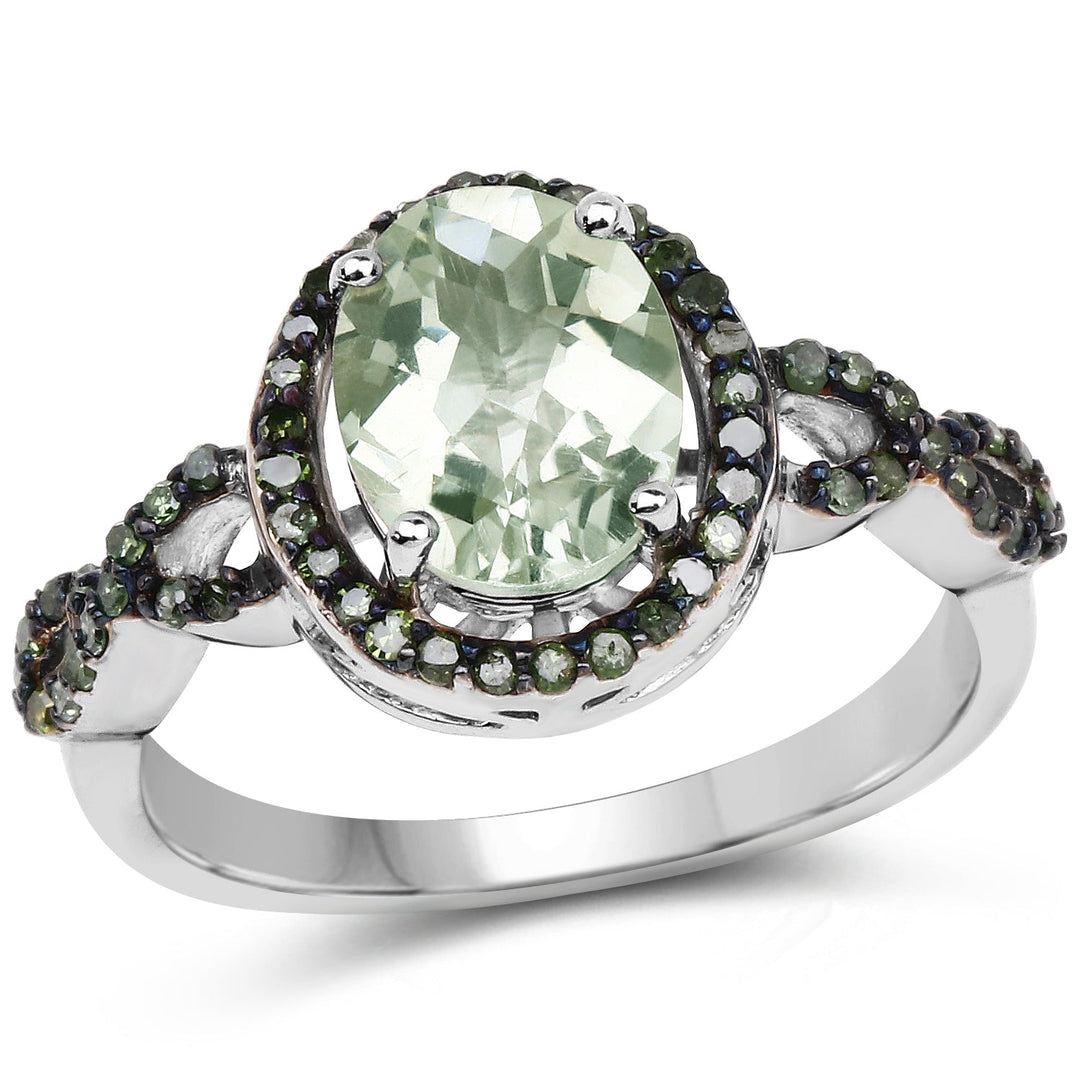 Anillo de plata de ley .925 con amatista verde genuina de 2.09 quilates y diamantes verdes