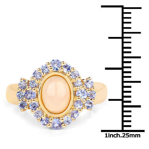 Anillo de plata de ley .925 con chapado en oro amarillo de 14 quilates, ópalo etíope genuino de 1,74 quilates y tanzanita