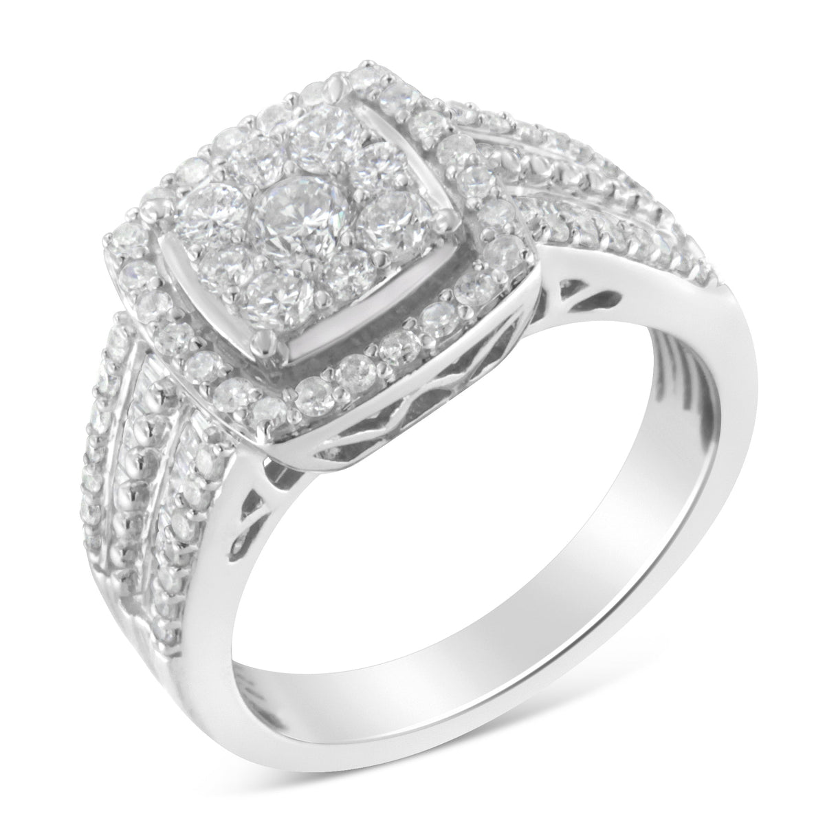 Anillo de racimo de diamantes de oro blanco de 10K (1 quilate en total, color H-I, claridad I1-I2) - Talla 6-3/4
