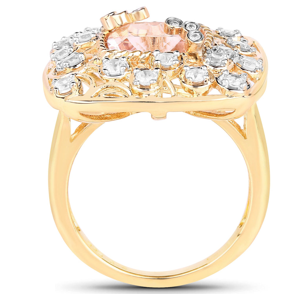 Anillo de plata de ley .925 chapado en oro amarillo de 14 quilates con morganita sintética de 3,33 quilates y topacio blanco