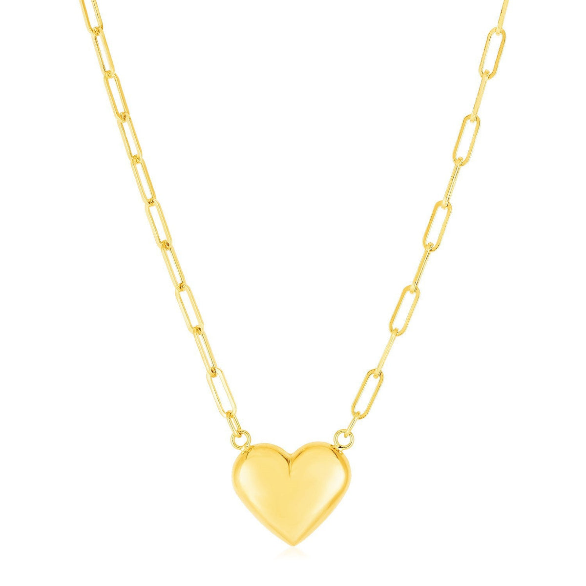 Cadena de oro amarillo de 14k con eslabones Paperclip y corazón inflado