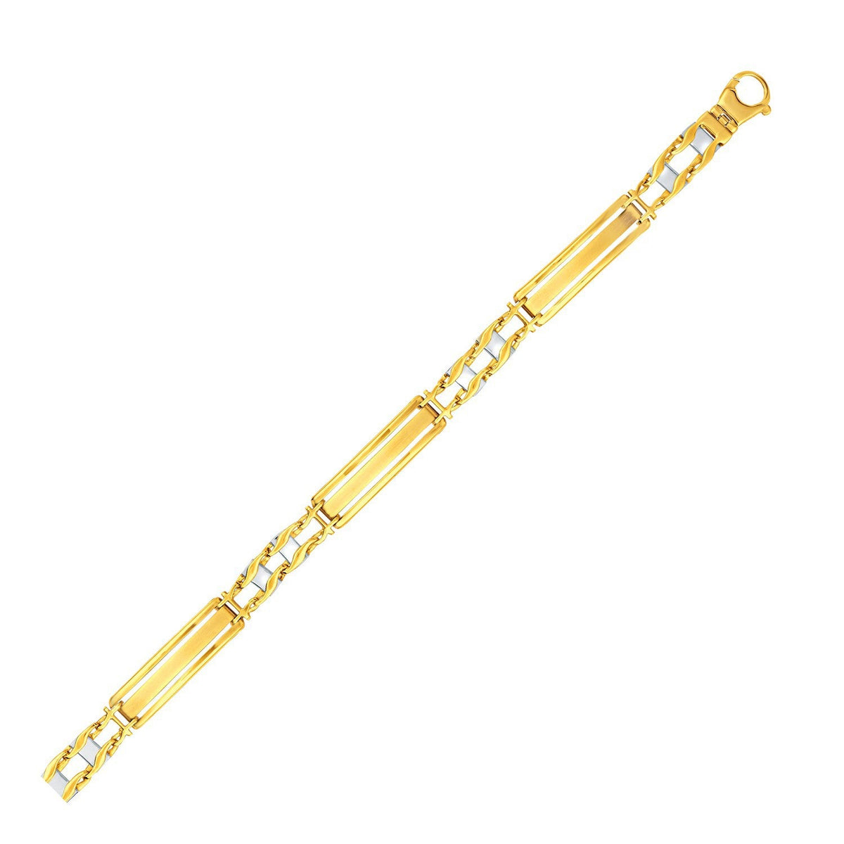 Pulsera de oro de 14k de dos tonos estilo barra elegante para hombre con conectores curvos