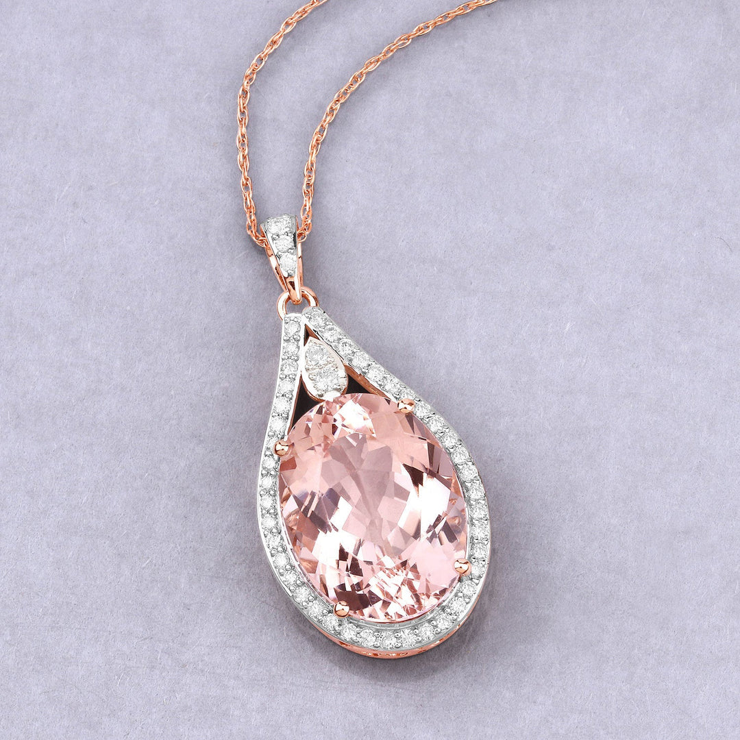 Colgante de oro rosa de 14 quilates con morganita genuina de 9,31 quilates y diamantes blancos