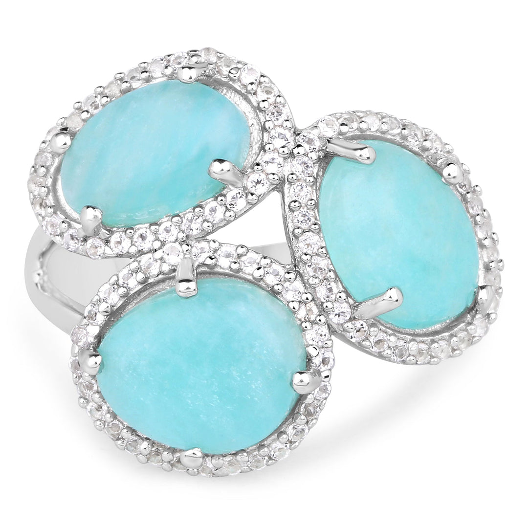 Anillo de Plata Fina .925 con Amazonita Genuina y Topacio Blanco de 5.30 Quilates