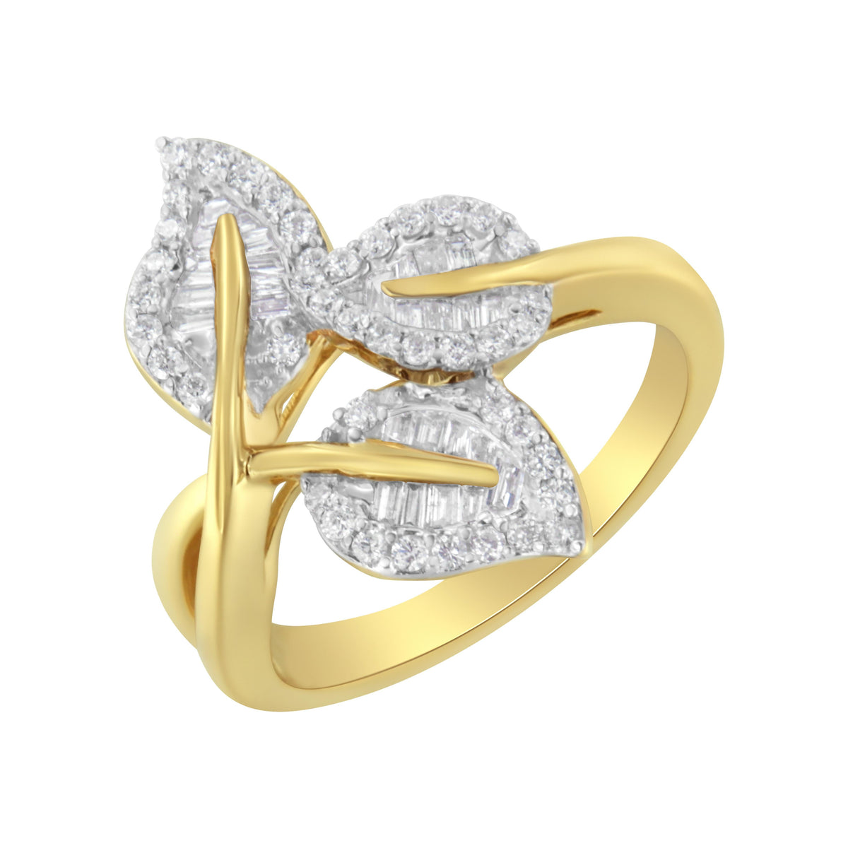 Anillo de oro amarillo y blanco de 10k con diamantes de talla baguette y redonda de 1/2 quilate (color I-J, claridad I1-I2) - Talla 7