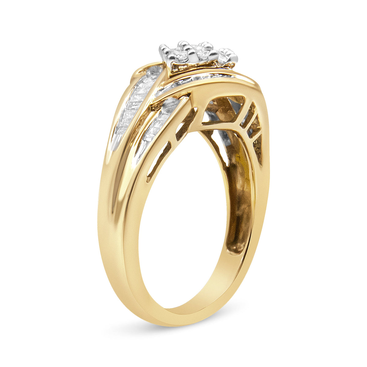 Anillo de oro blanco y amarillo de 10K con racimo de diamantes de 3/4 Cttw y diseño de remolino (Color H-I, Claridad I1-I2)
