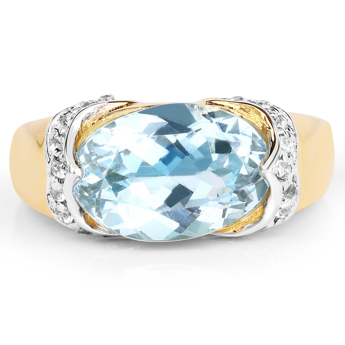 Anillo de plata de ley .925 con topacio azul genuino de 6,56 quilates y topacio blanco, chapado en oro amarillo de 14 quilates