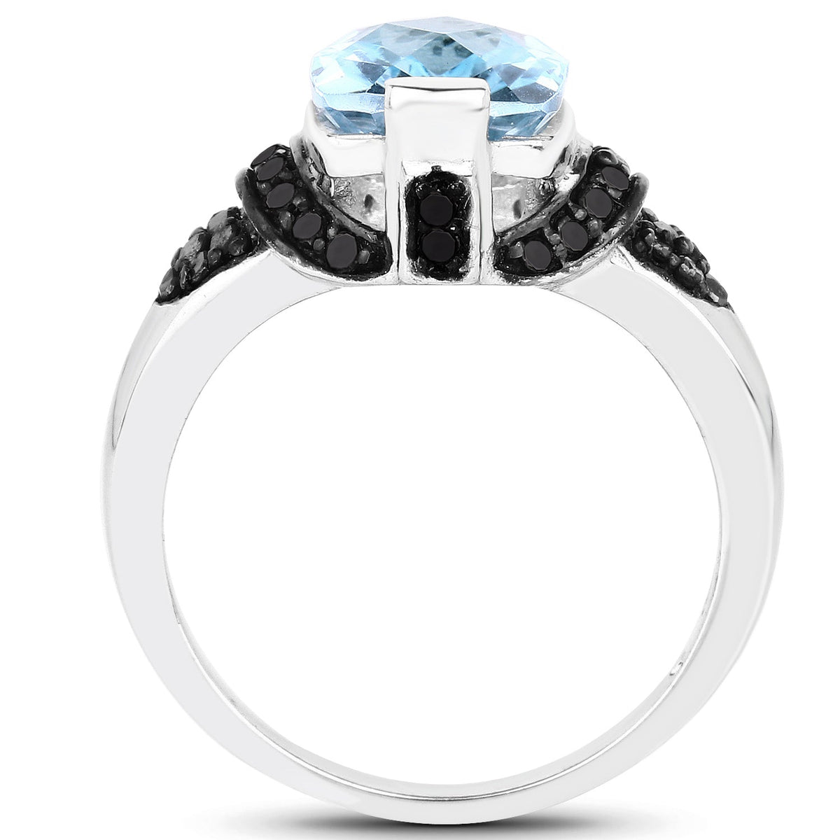 Anillo de plata de ley .925 con topacio azul suizo auténtico de 3.81 quilates, diamantes negros y diamantes blancos