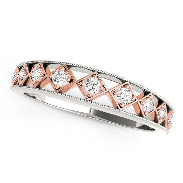 Alianza de boda única de oro blanco y oro rosa de 14k con diamante (1/10 cttw)