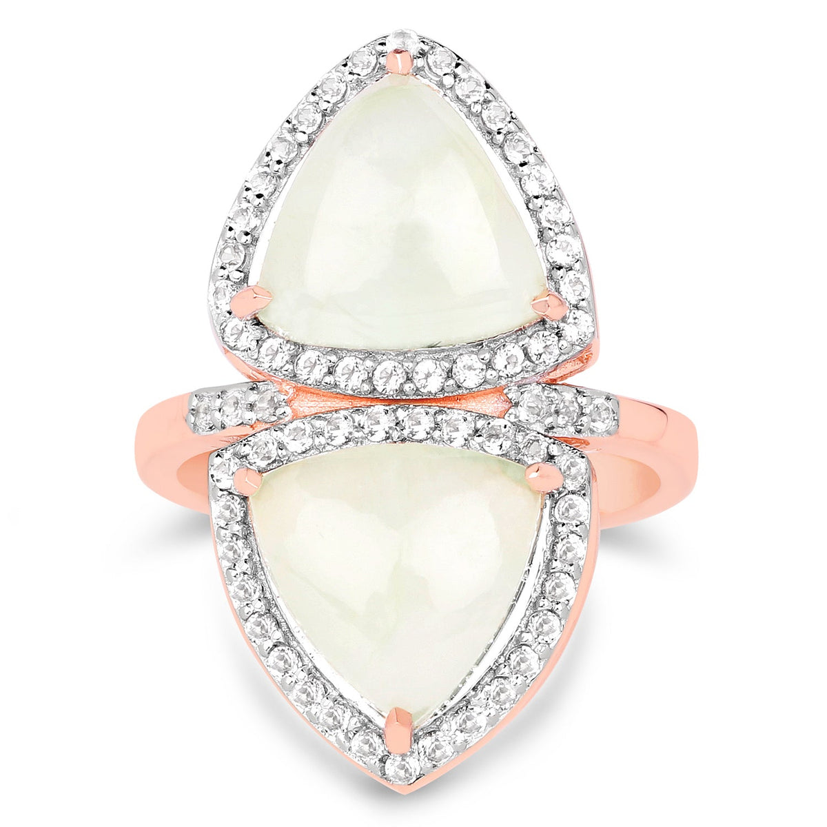 Anillo de plata de ley .925 chapado en oro rosa de 18 quilates con prehnita auténtica de 7,58 quilates y topacio blanco