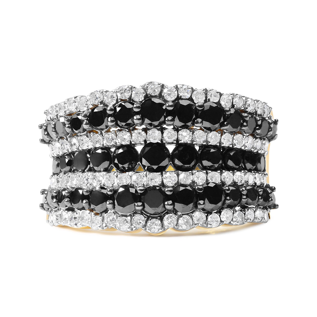 14K Yellow Gold Plated .925 Sterling Silver 1 3/4 Cttw Treated Black and White Alternating Diamond Multi Row Band Ring (Black / I-J Color, I2-I3 Clarity) - Size 7