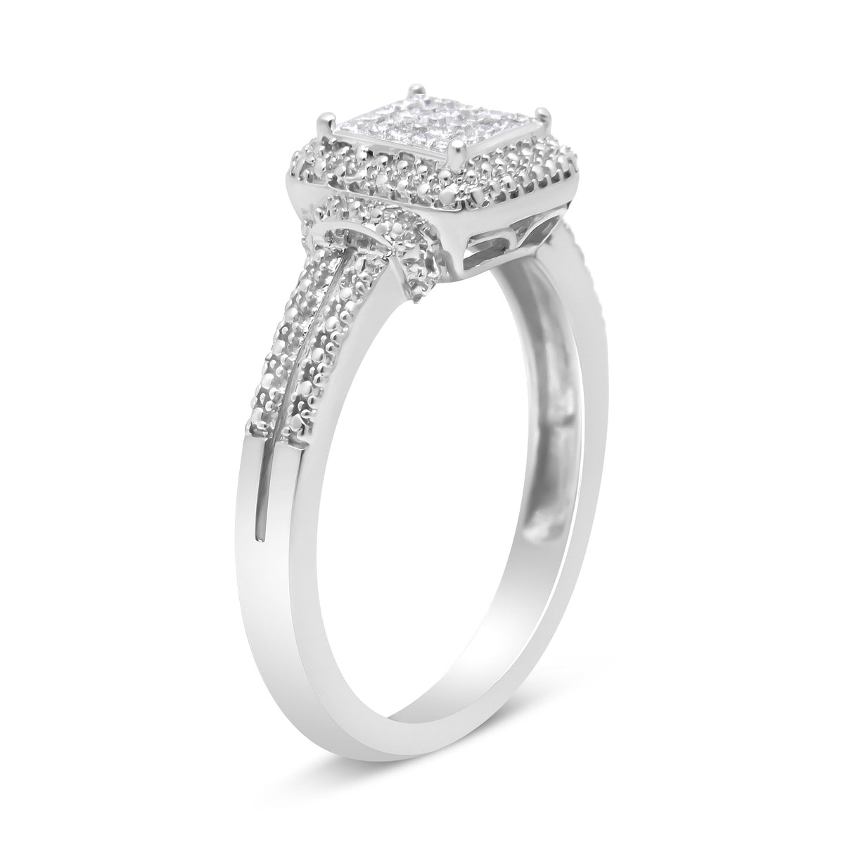 Anillo de plata de ley .925 con diamante de talla princesa de 1/4 Cttw y halo de cuentas (color H-I, claridad SI1-SI2) - Talla 7