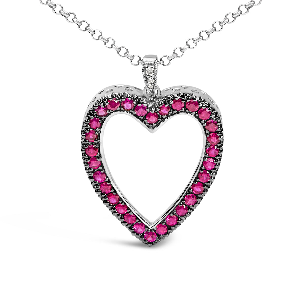 Collar con colgante de corazón abierto de oro de 18K con 1/3 Cttw de diamante y rubí rojo con rodio negro, 18" (color G-H, claridad VS2-SI1)