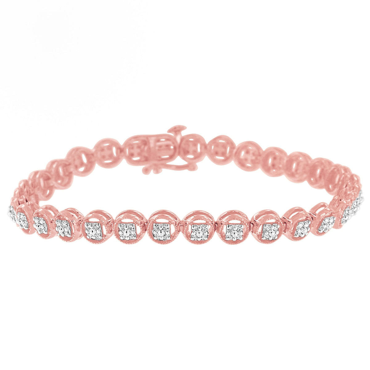 Pulsera de tenis de eslabones circulares abiertos de 7" de oro rosa de 14K sobre plata de ley .925 con diamantes de 1/4 Cttw (Color I-J, Claridad I2-I3)