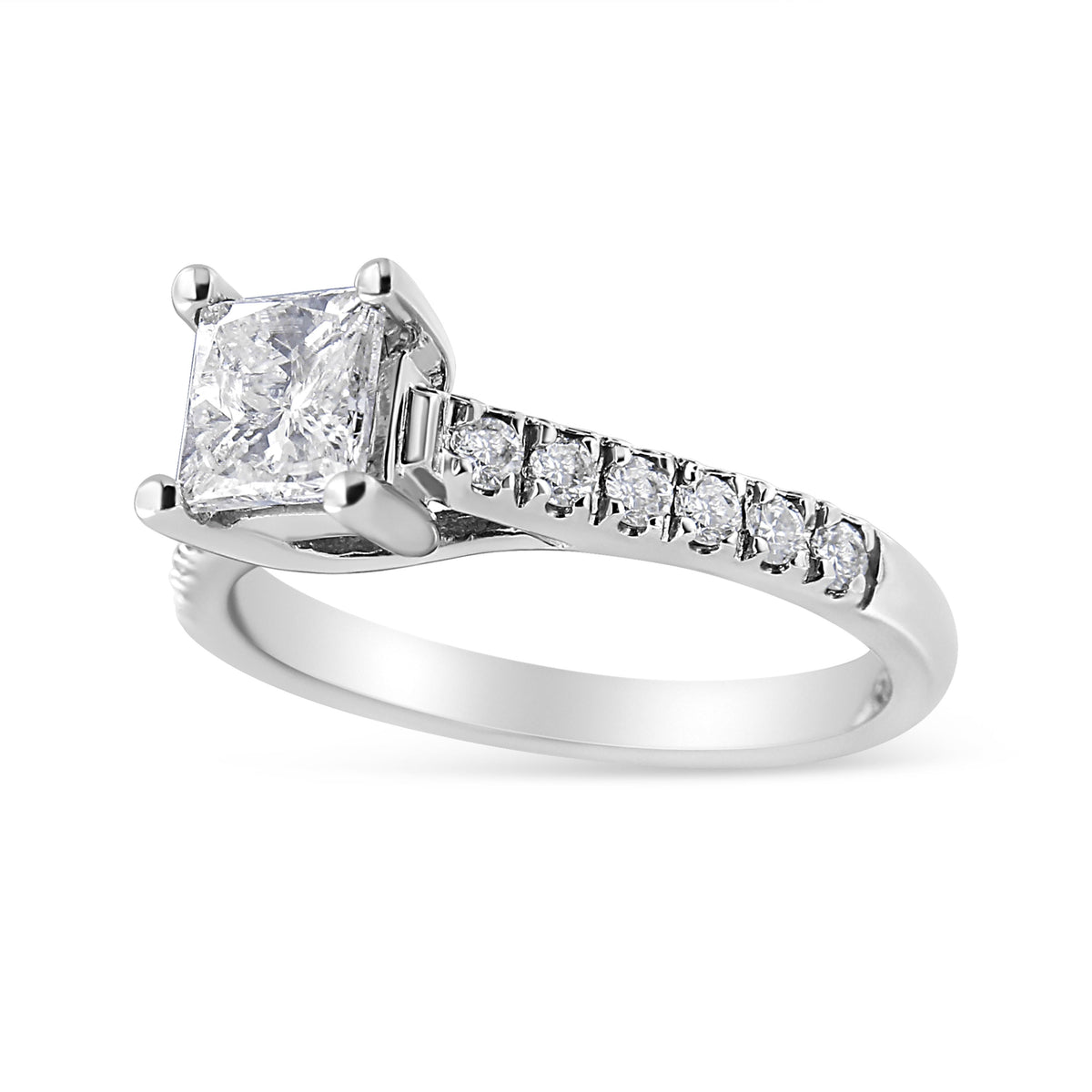 Anillo de compromiso clásico con diamante princesa engastado en 4 puntas de oro blanco de 14 quilates, 1 1/5 quilates (color I1-I2, claridad H-I), talla 7