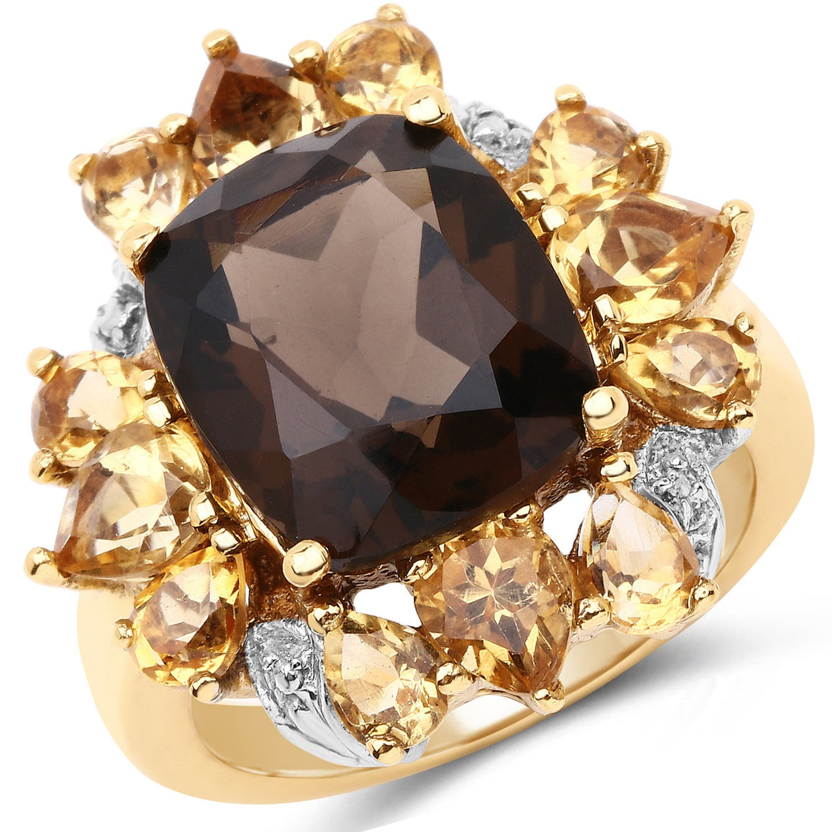 Anillo de latón chapado en oro amarillo de 14 quilates con cuarzo ahumado, citrino y topacio blanco genuinos de 7,10 quilates