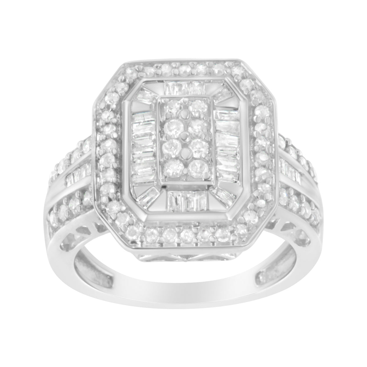 Anillo de plata de ley .925 con diamantes redondos y baguette en engaste catedral (0.75 Cttw, color H-I, claridad I2-I3) - Talla 7