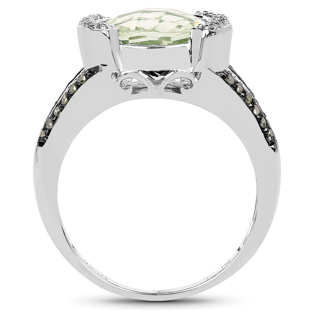 Anillo de plata de ley .925 con amatista verde auténtica de 3.59 quilates, diamante verde y diamante blanco