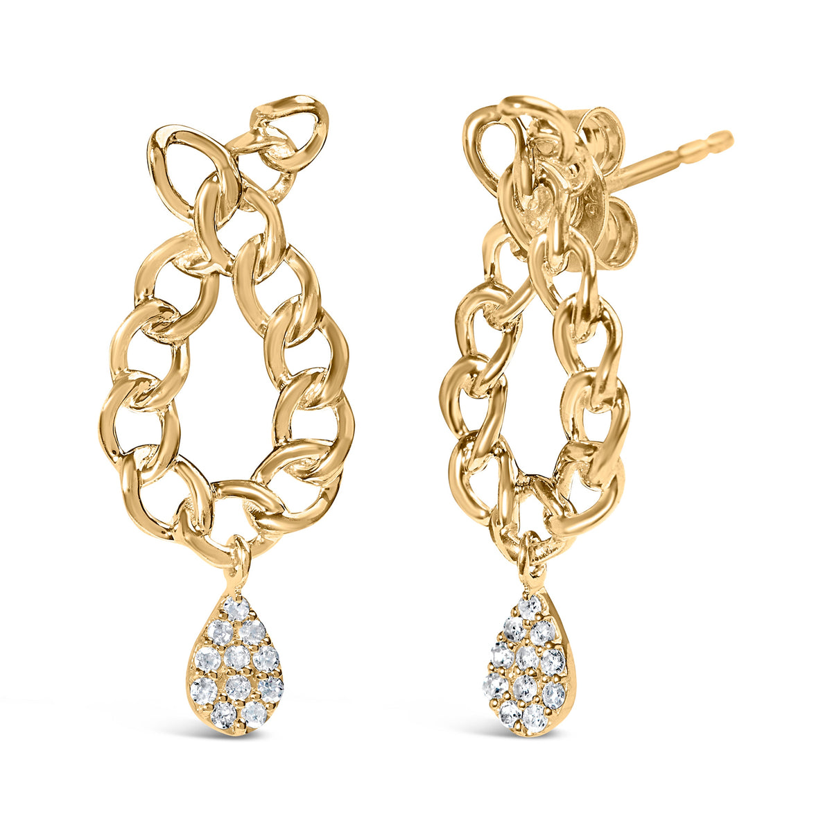 Pendientes colgantes de lágrima con eslabones de cadena de diamante de 1/10 Cttw (color H-I, claridad I1-I2) de plata de ley .925 chapados en oro amarillo de 14K