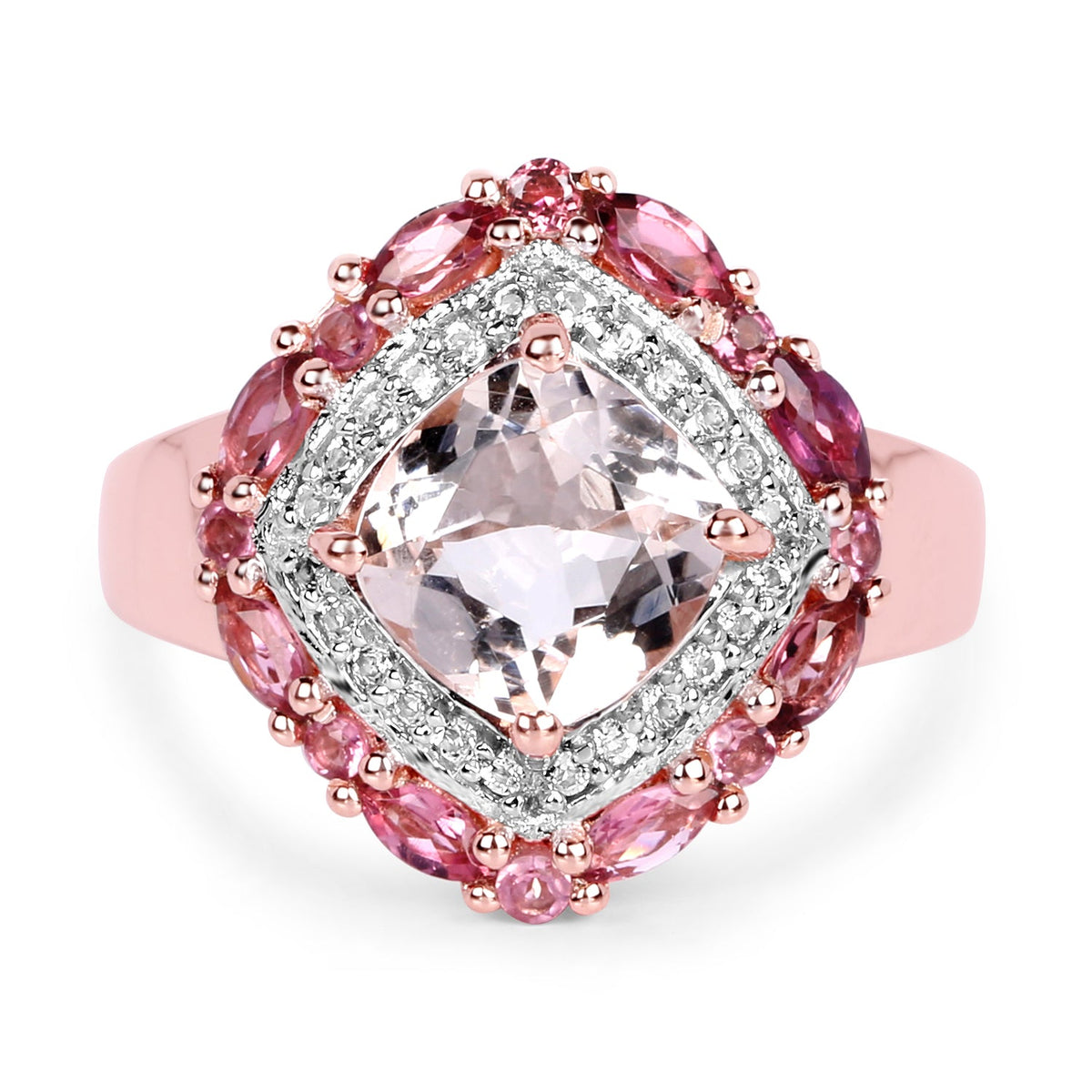 Anillo de plata de ley .925 chapado en oro rosa de 14 quilates con morganita auténtica de 3,11 quilates, turmalina rosa y topacio blanco