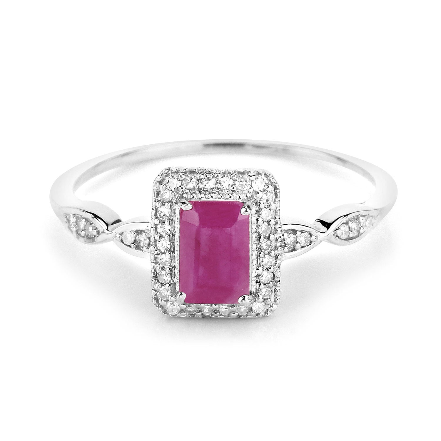 Anillo de oro blanco de 14K con rubí auténtico de 0,75 quilates y diamantes blancos