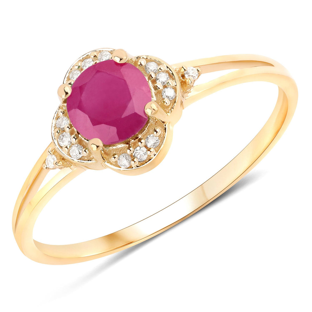 Anillo de oro amarillo de 14K con rubí genuino de 0.59 quilates y diamantes blancos