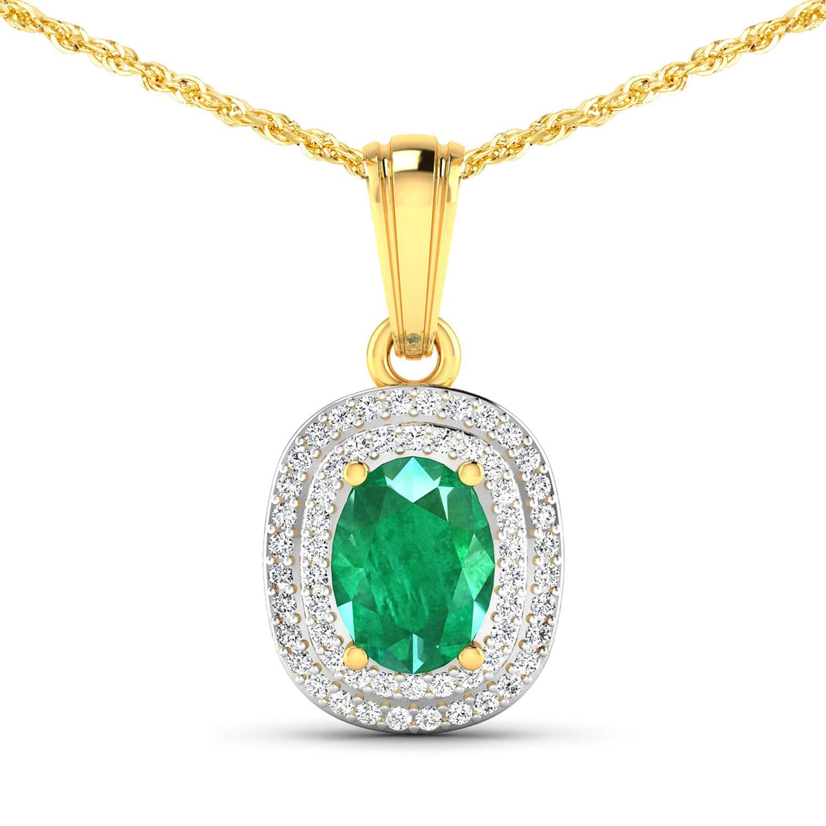 Colgante de oro amarillo de 14 quilates con esmeralda zambiana auténtica de 1,50 quilates y diamantes blancos