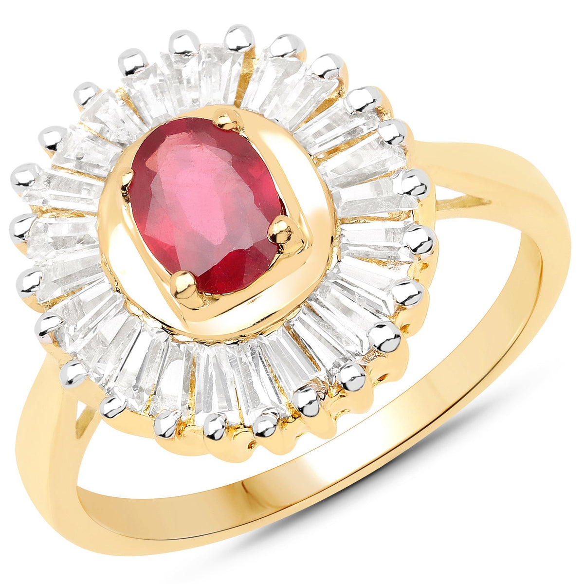 Anillo de plata de ley .925 con rubí con relleno de vidrio de 2,44 quilates y topacio blanco, chapado en oro amarillo de 14K