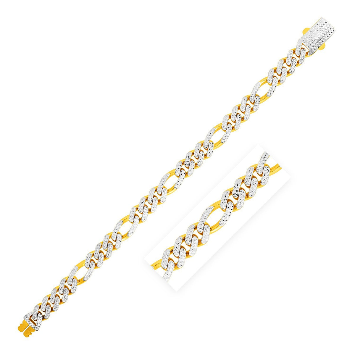Pulsera Figaro Lite moderna de oro amarillo de 14k con pavé blanco de alto brillo (9.5mm)