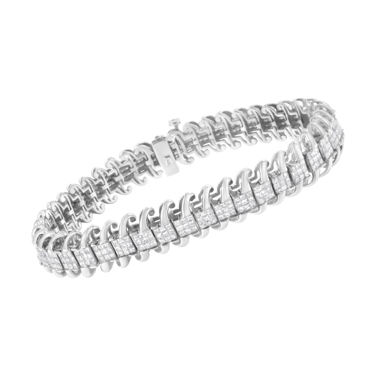 Pulsera de tenis de oro blanco de 14 quilates con diamantes de talla princesa de 5,0 quilates engastados invisibles en forma de S ondulada de 7" (color G-H, claridad SI1-SI2)