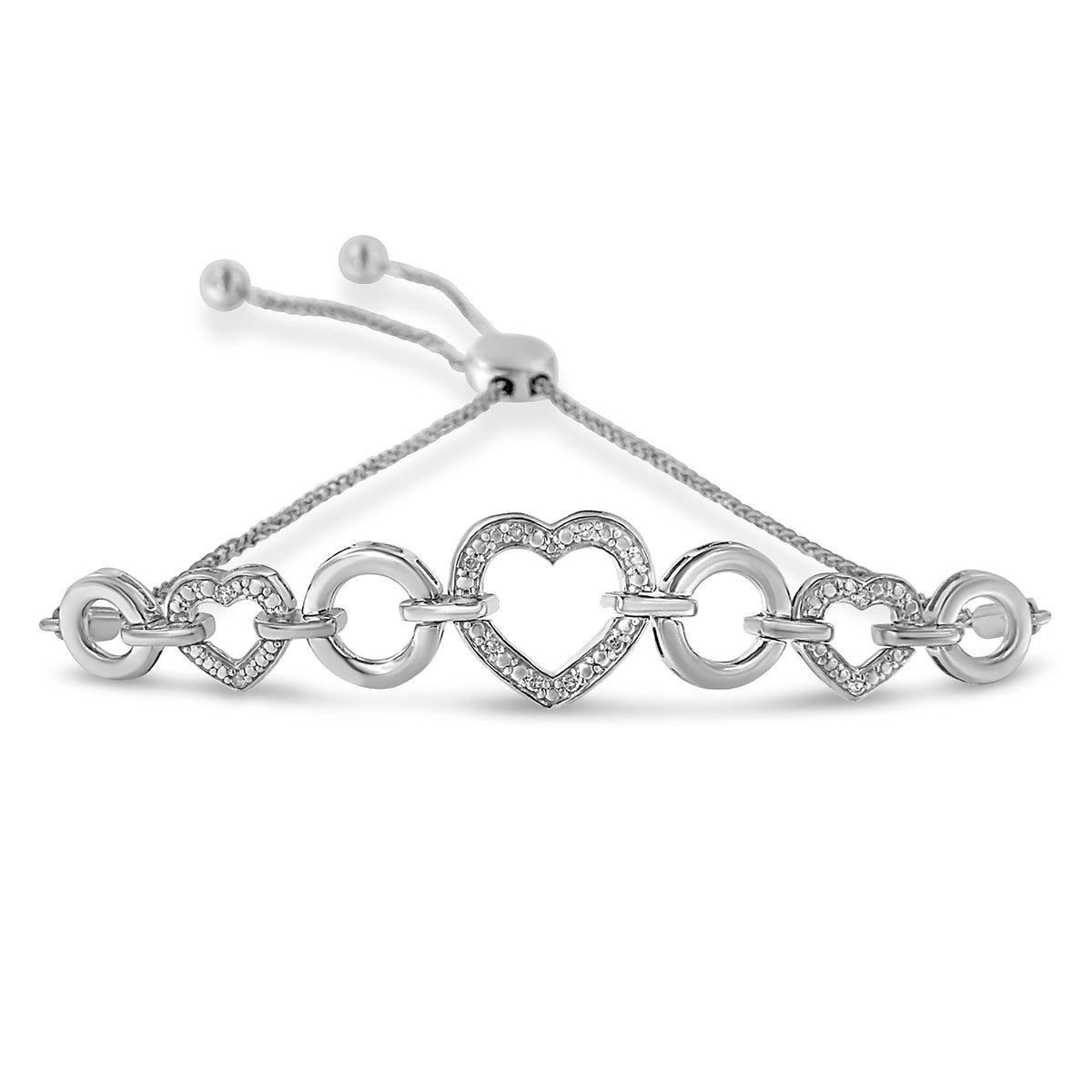 Brazalete de bolo ajustable de plata de ley .925 con eslabones de corazón y diamante redondo de 1/10 Cttw (color H-I, claridad I2-I3) - Ajustable de 6" a 9"