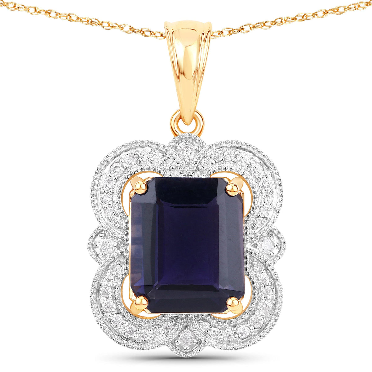 Colgante de oro amarillo de 14 quilates con iolita genuina de 4,07 quilates y diamantes blancos