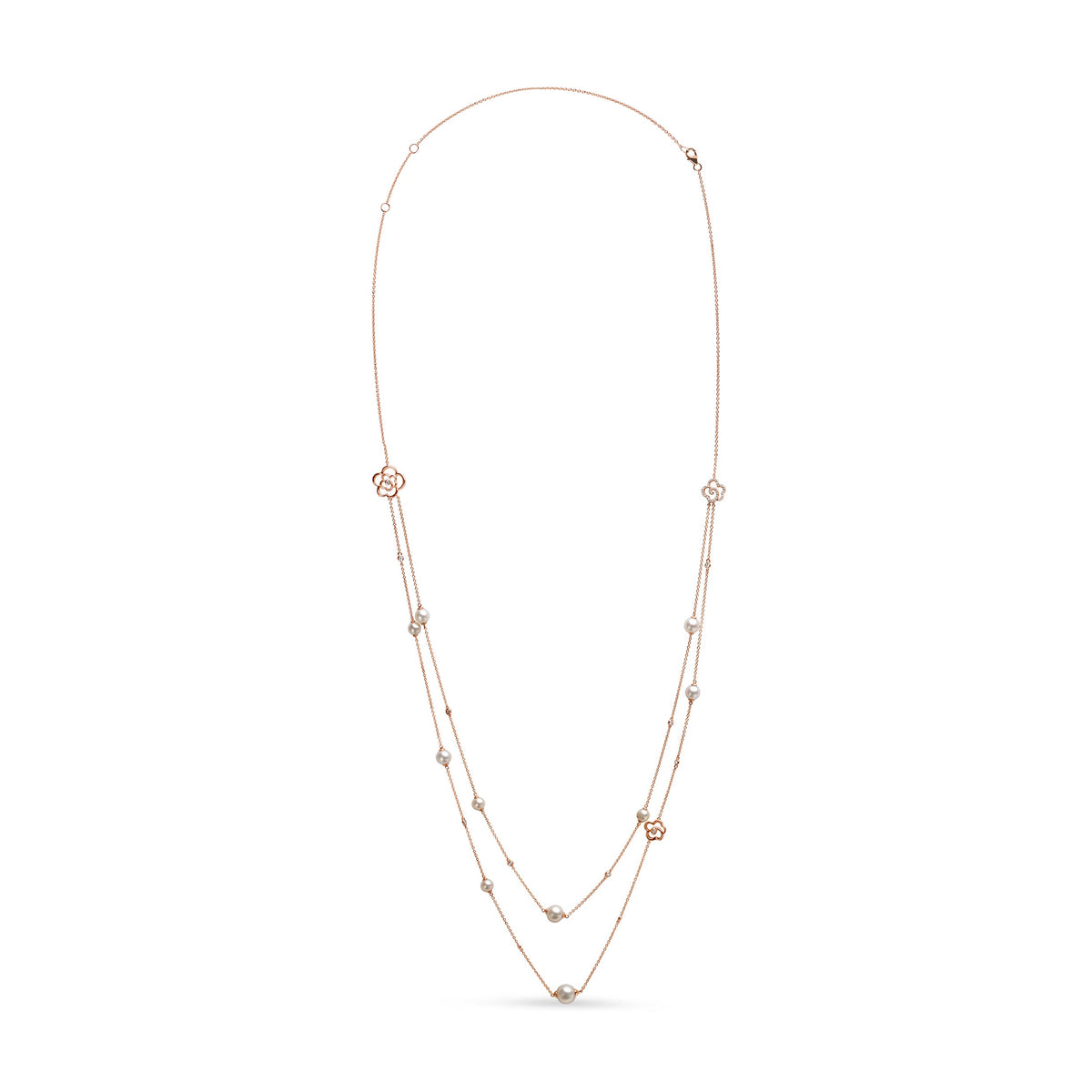 Collar de dos hilos con diamantes y perlas cultivadas de agua dulce en oro rosa de 18K y 0,50 qt. (Color G-H, claridad SI1-SI2) - Ajustable de 16 a 20 pulgadas