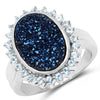3.68 Carat Genuine Cobalt Blue Drusy & Swiss Blue Topaz .925 Sterling Silver Ring
