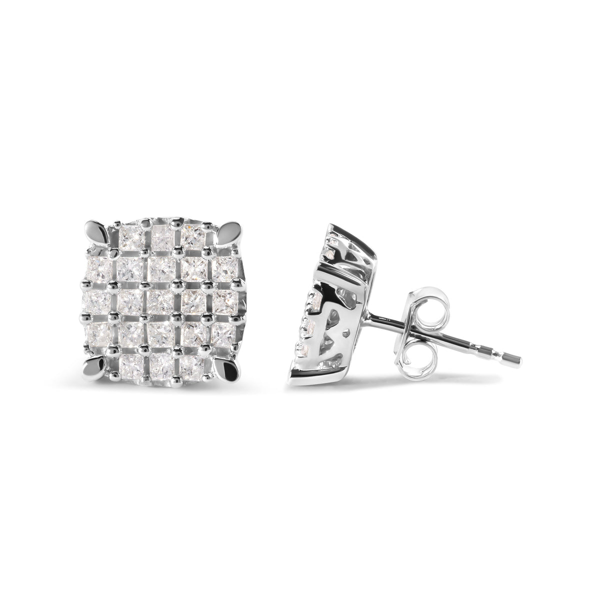 Pendientes de tuerca de oro blanco de 10 qt con diamantes de princesa de 3/4 Cttw en forma de cojín (color I-J, claridad I1-I2)