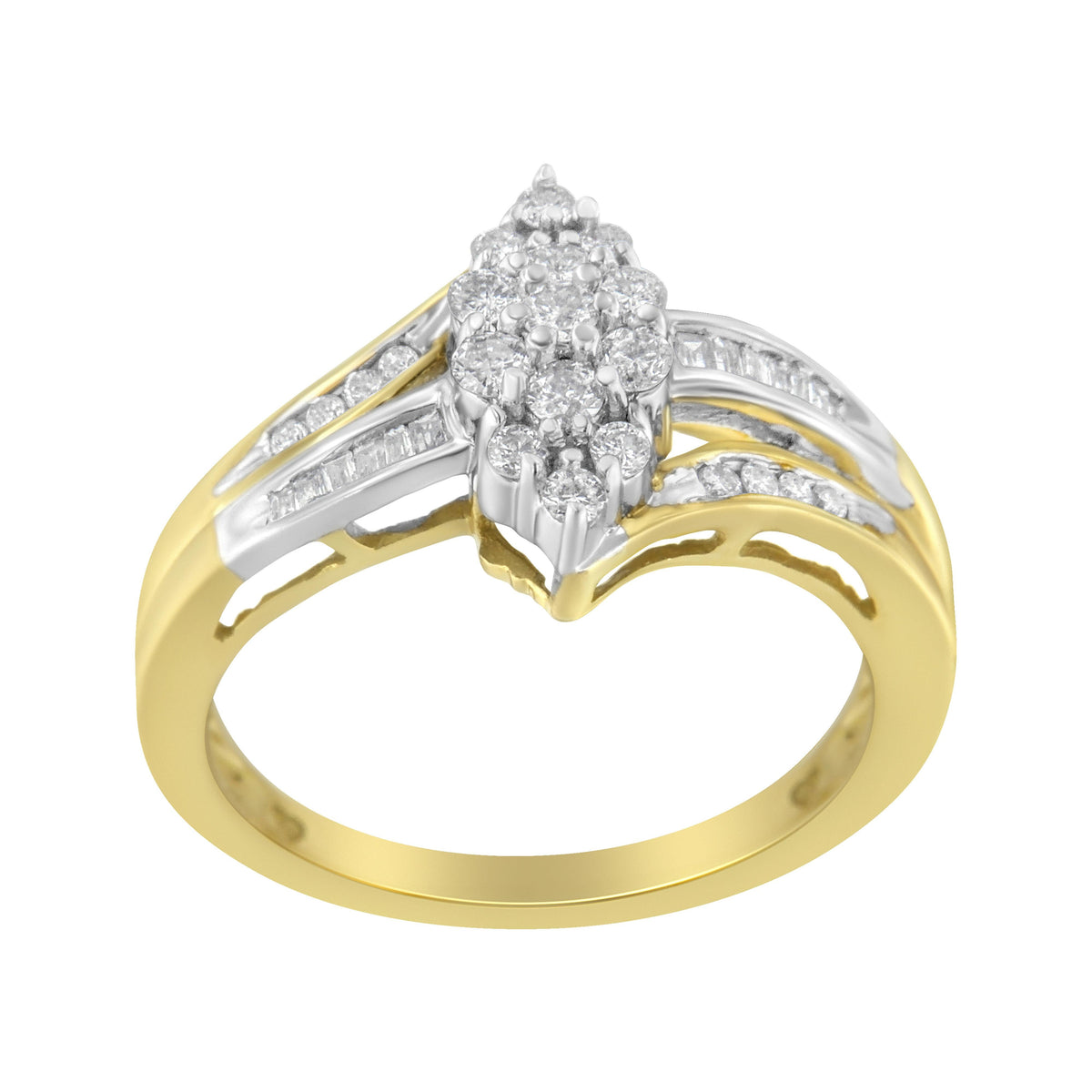 Anillo de racimo con forma de marquesa de diamante de 1/2 quilate de oro amarillo y blanco de 10 quilates con vástago dividido (color H-I, claridad SI2-I1) - Talla 7