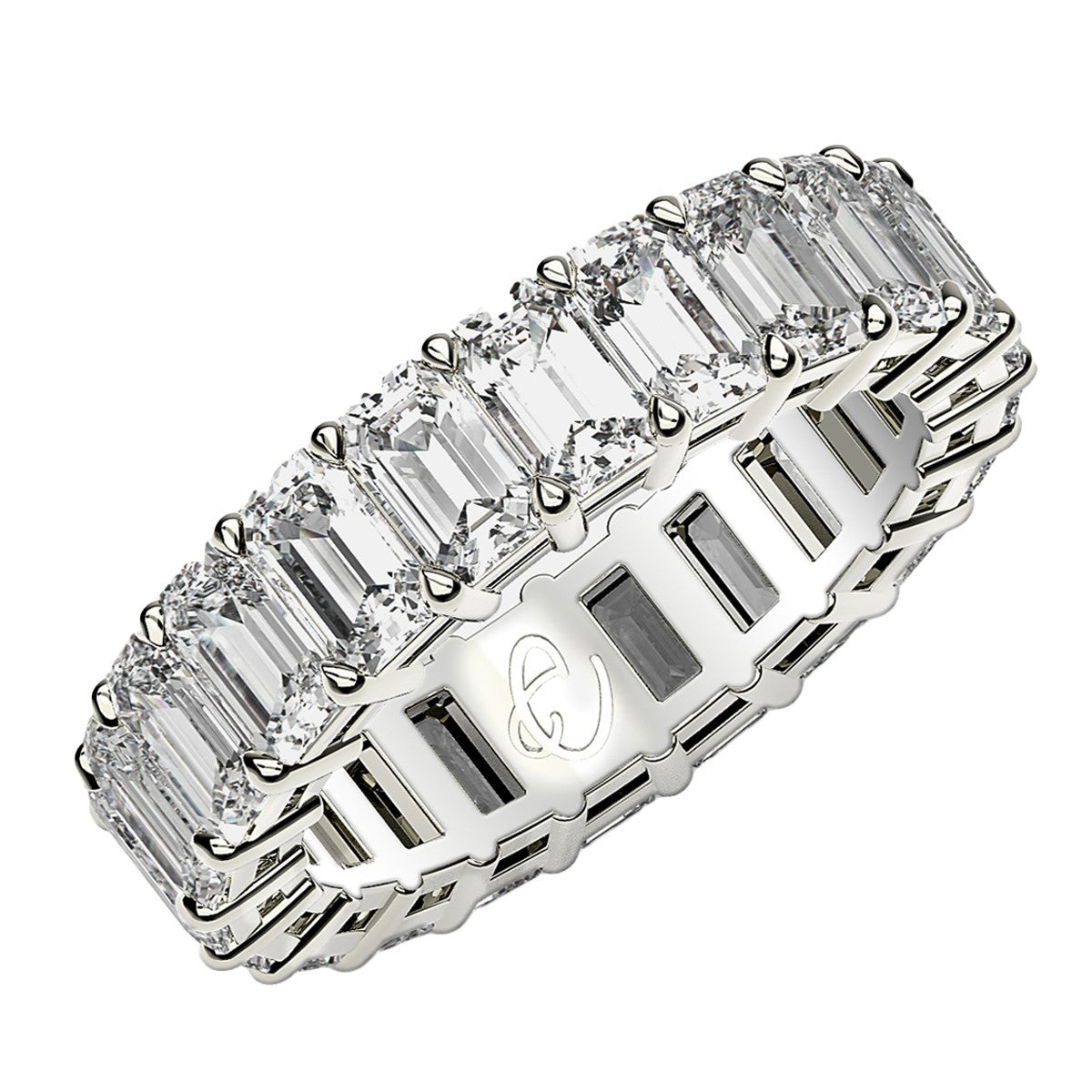 Anillo de la eternidad con diamantes de talla esmeralda cultivados en laboratorio en oro blanco de 14k (4 quilates totales FG/VS2)