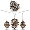 16.36 Carat Genuine Smoky Quartz .925 Sterling Silver 3 Piece Jewelry Set (Ring, Earrings, and Pendant w/ Chain)