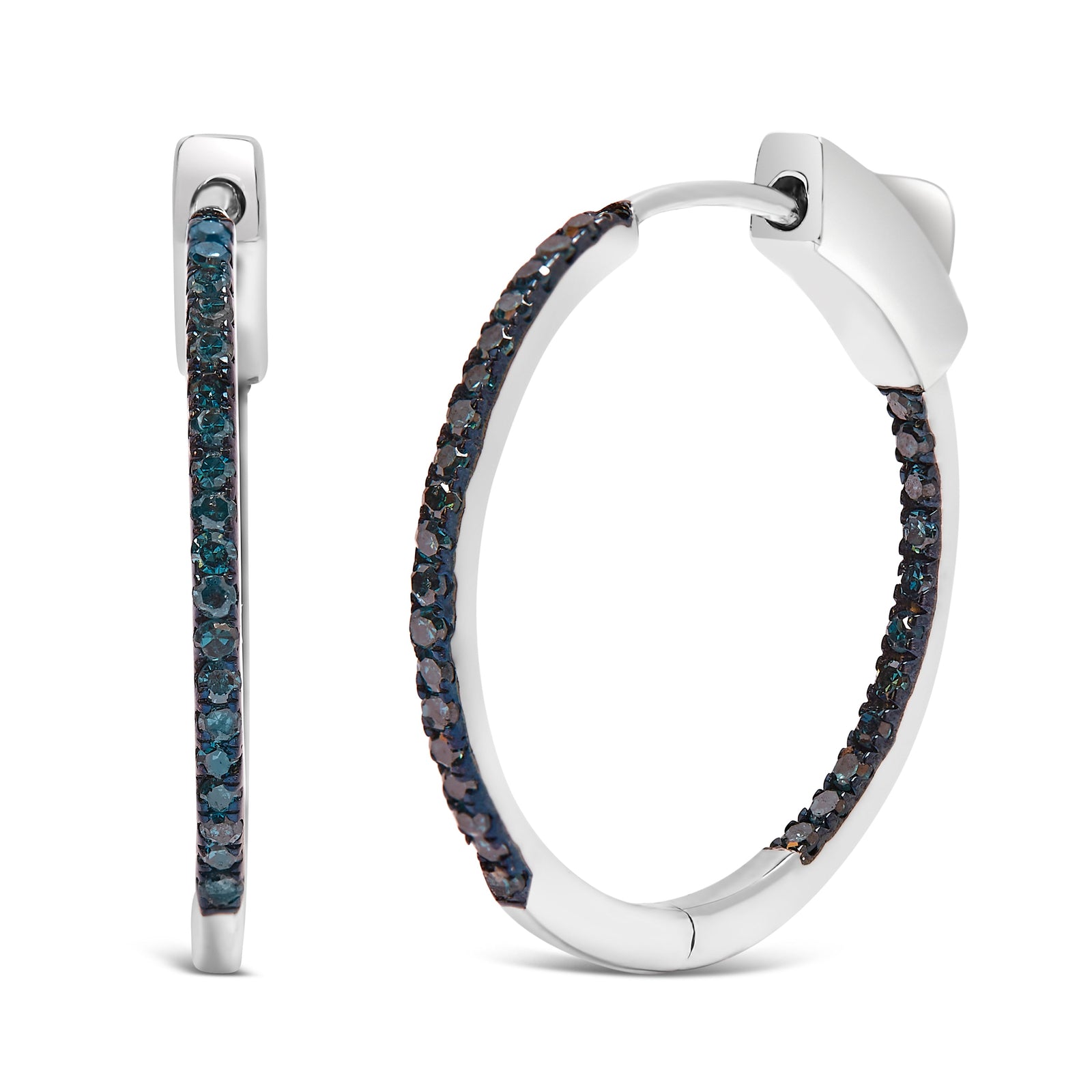Pendientes de aro de plata de ley .925 con diamantes azules tratados de 1/3 quilates totales, de 1 mm de ancho, interior-exterior (color azul, claridad I2-I3)