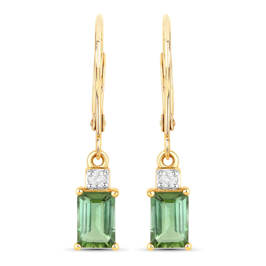 1.28 Carat Genuine Green Tourmaline and White Diamond 14K Yellow Gold Earrings