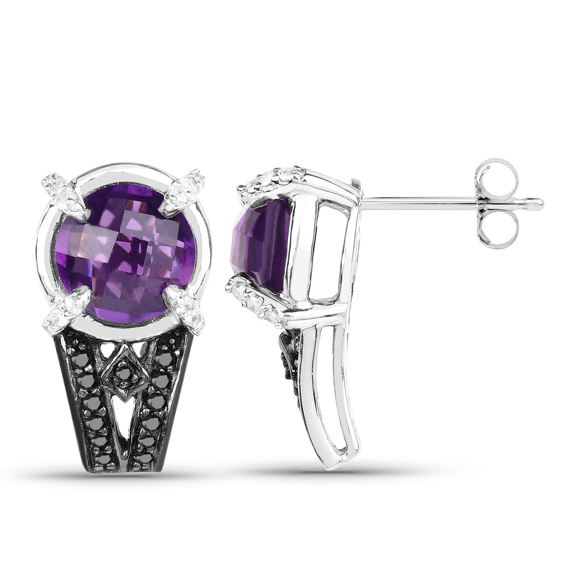 Pendientes de plata de ley .925 con amatista genuina de 3,61 quilates, diamantes negros y diamantes blancos