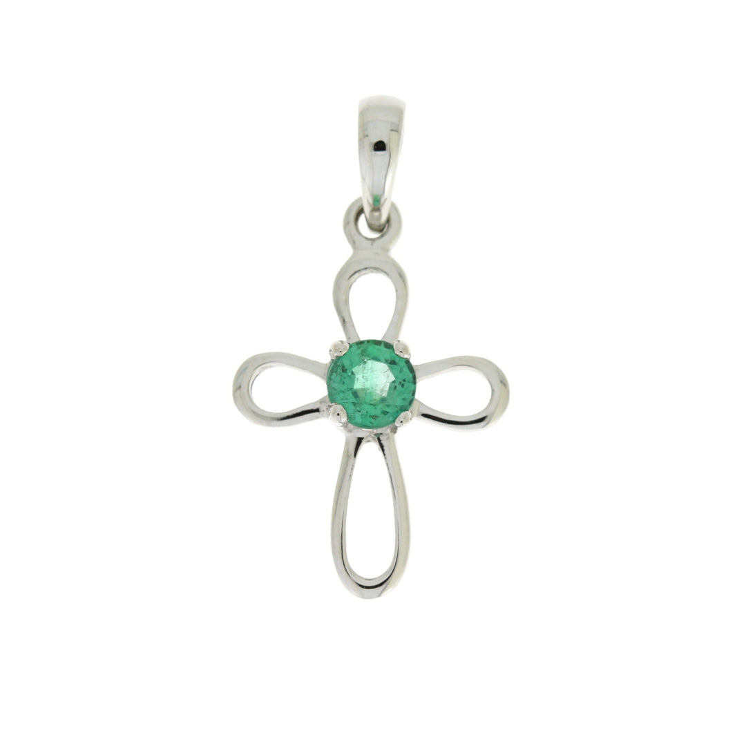 Colgante religioso de cruz con esmeralda de .19ct en oro blanco de 10KT