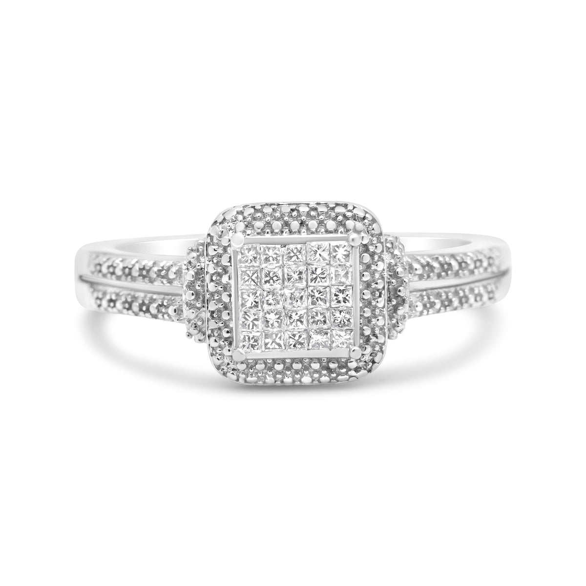 Anillo de plata de ley .925 con diamante de talla princesa de 1/4 Cttw y halo de cuentas (color H-I, claridad SI1-SI2) - Talla 7