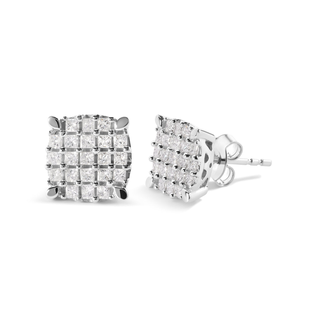Pendientes de tuerca de oro blanco de 10 qt con diamantes de princesa de 3/4 Cttw en forma de cojín (color I-J, claridad I1-I2)