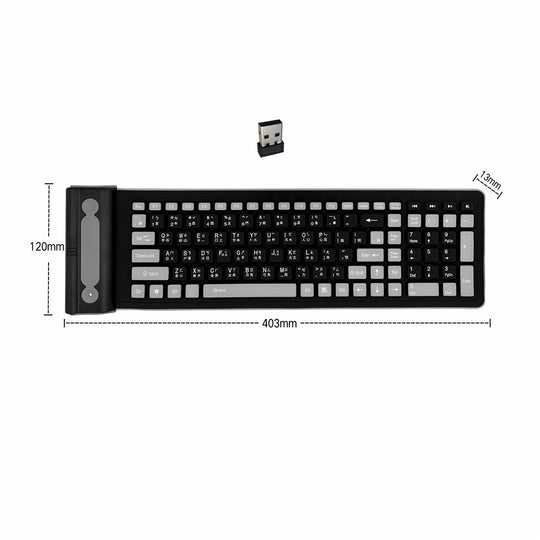 Wireless Keyboard - Soft Foldable Roll-up Silicone - Silent Typing / Waterproof (Black/Gray)