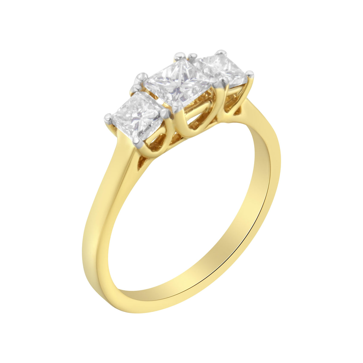 Anillo de oro amarillo de 10 qt con diamantes de talla princesa de tres piedras (1 quilate total, color J-K, claridad I1-I2) - Talla 6